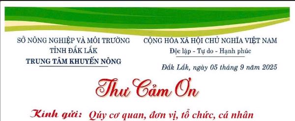 Thư cảm ơn của Trung tâm Khuyến nông Đắk Lắk