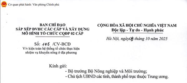 CÔNG VĂN: BAN CHỈ ĐẠO SẮP XÉP ĐVHC CÁC CÁP VÀ XÂY DỰNG MÔ HÌNH TỎ CHỨC CQĐP 02 CÁP