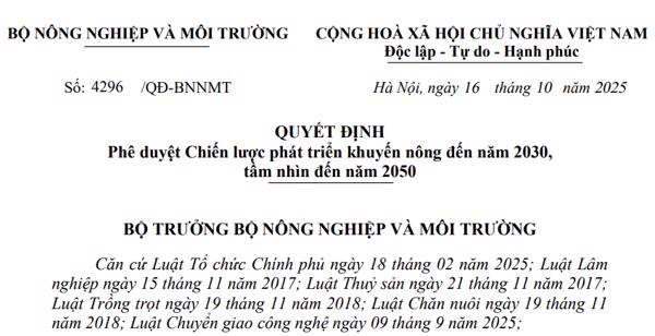 Chiến lược phát triển khuyến nông đến năm 2030, tầm nhìn đến năm 2050
