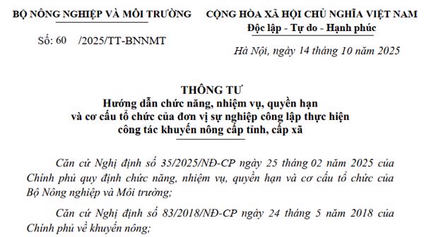 THÔNG TƯ: Hướng dẫn chức năng, nhiệm vụ, quyền hạn và cơ cấu tổ chức của đơn vị sự nghiệp công lập thực hiện công tác khuyến nông cấp tỉnh, cấp xã