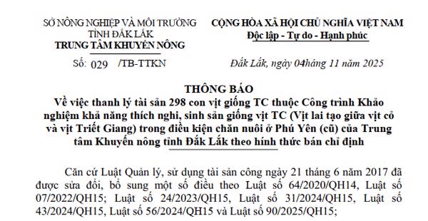 Thông báo:  Về việc thanh lý tài sản 298 con vịt giống TC thuộc Công trình Khảo nghiệm khả năng thích nghi.........