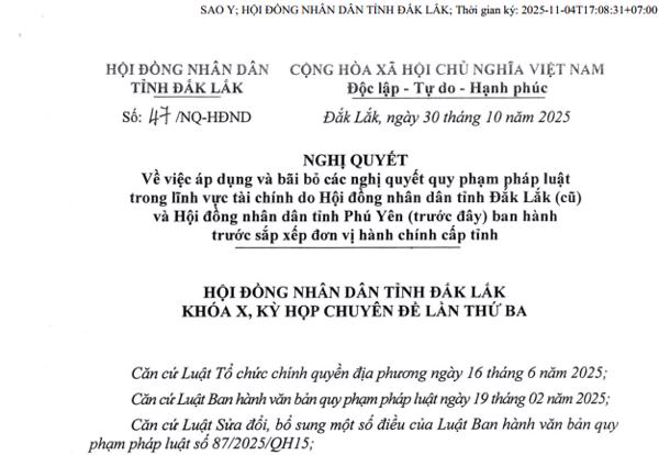 NGHỊ QUYẾT: về việc áp dụng và bãi bỏ các nghị quyết quy phạm pháp luật trong lĩnh vực tài chính do Hội đồng nhân dân tỉnh Đắk Lắk (cũ) ............