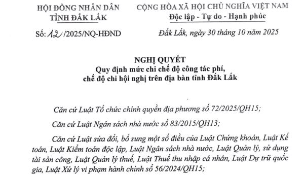 Nghị quyết:  Quy định mức chi chế độ công tác phí, chế độ chi hội nghị trên địa bàn tỉnh Đắk Lắk