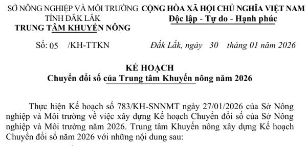 KẾ HOẠCH: Chuyển đổi số của Trung tâm Khuyến nông năm 2026