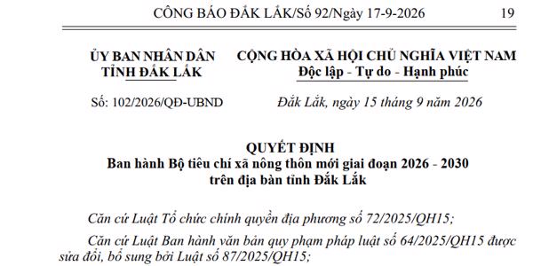 QUYẾT ĐỊNH: Ban hành Bộ tiêu chí xã nông thôn mới giai đoạn 2026 - 2030 trên địa bàn tỉnh Đắk Lắk