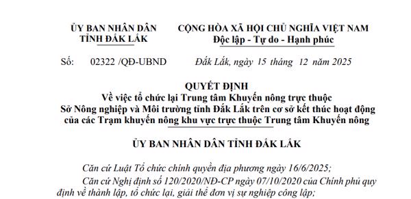 QUYẾT ĐỊNH Về việc tổ chức lại Trung tâm Khuyến nông trực thuộc Sở Nông nghiệp và Môi trường tỉnh Đắk Lắk trên cơ sở kết thúc hoạt động của các Trạm khuyến nông khu vực trực thuộc Trung tâm Khuyến nông