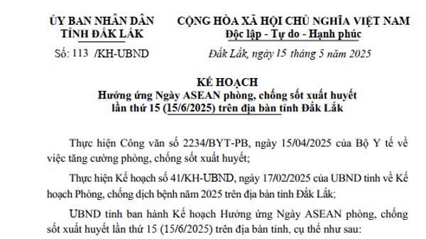 KẾ HOẠCH: Hưởng ứng Ngày ASEAN phòng, chống sốt xuất huyết lần thứ 15 (15/6/2025) trên địa bàn tỉnh Đắk Lắk
