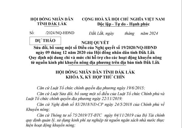 Góp ý dự thảo Nghị quyết Sửa đổi, bổ sung một số Điều của Nghị quyết số 19/2020/NQ-HĐND ngày 09 tháng 12 năm 2020 của Hội đồng nhân dân tỉnh Đắk Lắk (285) 