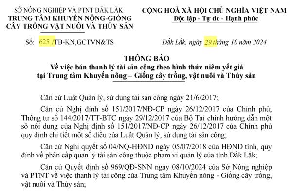 Thông báo về việc bán thanh lý tài sản công theo hình thức niêm yết giá tại Trung tâm Khuyến nông – Giống cây trồng, vật nuôi và Thủy sản (288)