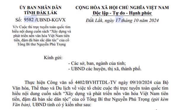 Công văn: V/v Cuộc thi trực tuyến toàn quốc tìm hiểu nội dung cuốn sách “Xây dựng và phát triển nền văn hóa Việt Nam tiên tiến, đậm đà bản sắc dân tộc” của cố Tổng Bí thư Nguyễn Phú Trọng (280)