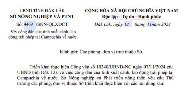 Công văn: Về việc công dân của tỉnh xuất cảnh, lao động trái phép tại Campuchia về nước. (302)