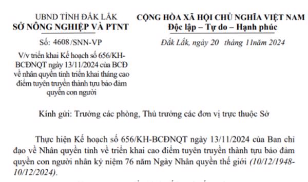 Công Văn: Về việc triển khai Kế hoạch số 656/KHBCĐNQT ngày 13/11/2024 của BCĐ về nhân quyền tỉnh triển khai tháng cao điểm tuyên truyền thành tựu bảo đảm quyền con người (314)
