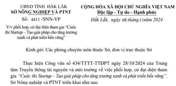 Công Văn: Về việc phối hợp, cử đại diện tham gia “Cuộc thi Startup – Tạo giải pháp cho tăng trưởng xanh và phát triển bền vững (298)