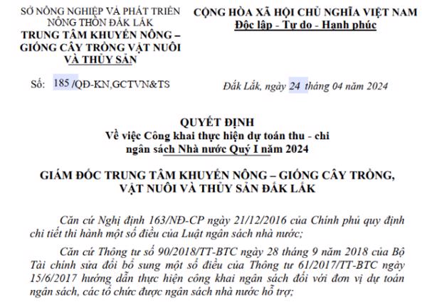 QUYẾT ĐỊNH:  Về việc Công khai thực hiện dự toán thu - chi ngân sách Nhà nước Quý I năm 2024