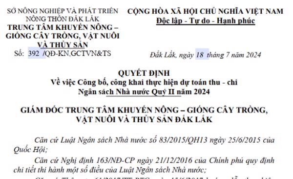 QUYẾT ĐỊNH: Về việc Công bố, công khai thực hiện dự toán thu - chi Ngân sách Nhà nước Quý II năm 2024