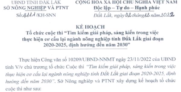 KẾ HOẠCH: Tổ chức cuộc thi  tìm kiếm giải pháp, sáng kiến trong việc thực hiện cơ cấu lại ngành nông nghiệp tỉnh Đắk Lắk 