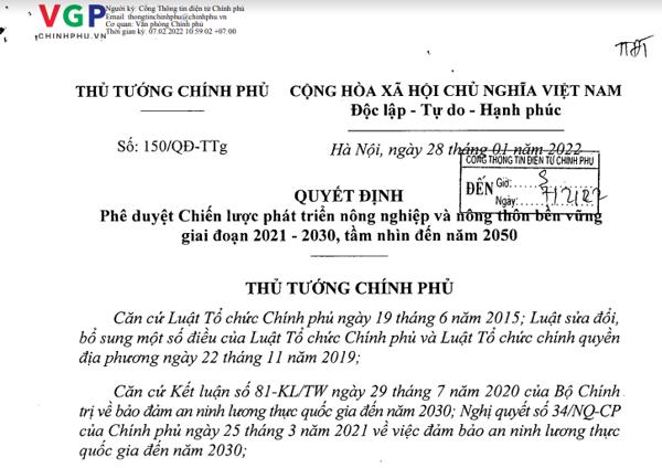 QUYẾT ĐỊNH: Phê duyệt Chiến lược Phát triển nông nghiệp và nông thôn bền vững giai đoạn 2021 - 2030, tầm nhìn đến năm 2050