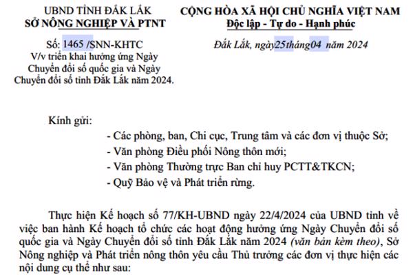 CÔNG VĂN: Về việc triển khai hưởng ứng Ngày Chuyển đổi số quốc gia và Ngày Chuyển đổi số tỉnh Đắk Lắk năm 2024.