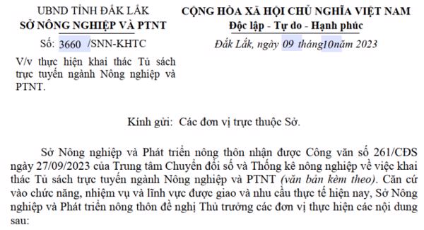 Công văn: Về việc thực hiện khai thác Tủ sách trực tuyến ngành Nông nghiệp và PTNT.