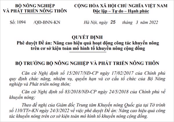 QUYẾT ĐỊNH  Phê duyệt Đề án: Nâng cao hiệu quả hoạt động công tác khuyến nông trên cơ sở kiện toàn mô hình tổ khuyến nông cộng đồng