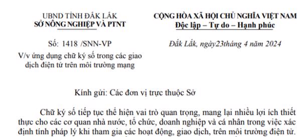 CÔNG VĂN: Về việc ứng dụng chữ ký số trong các giao dịch điện tử trên môi trường mạng