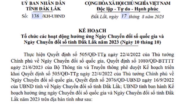 KẾ HOẠCH: Tổ chức các hoạt động hưởng ứng Ngày Chuyển đổi số quốc gia và Ngày Chuyển đổi số tỉnh Đắk Lắk năm 2023 (Ngày 10 tháng 10)